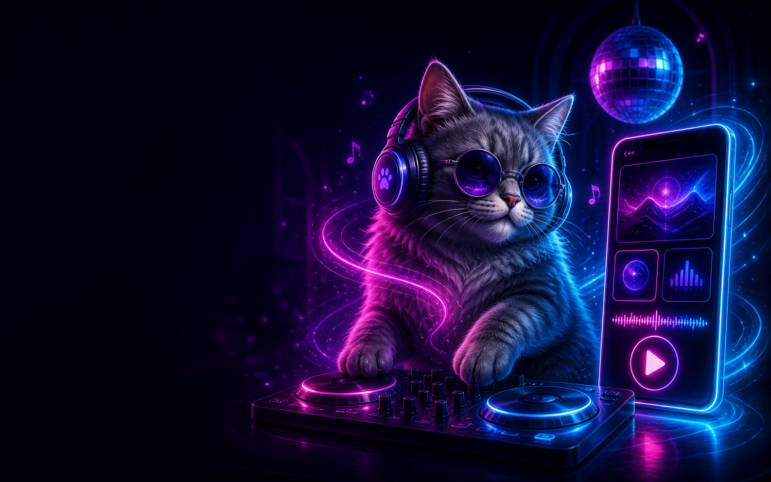Neon cat DJ listening to Meows